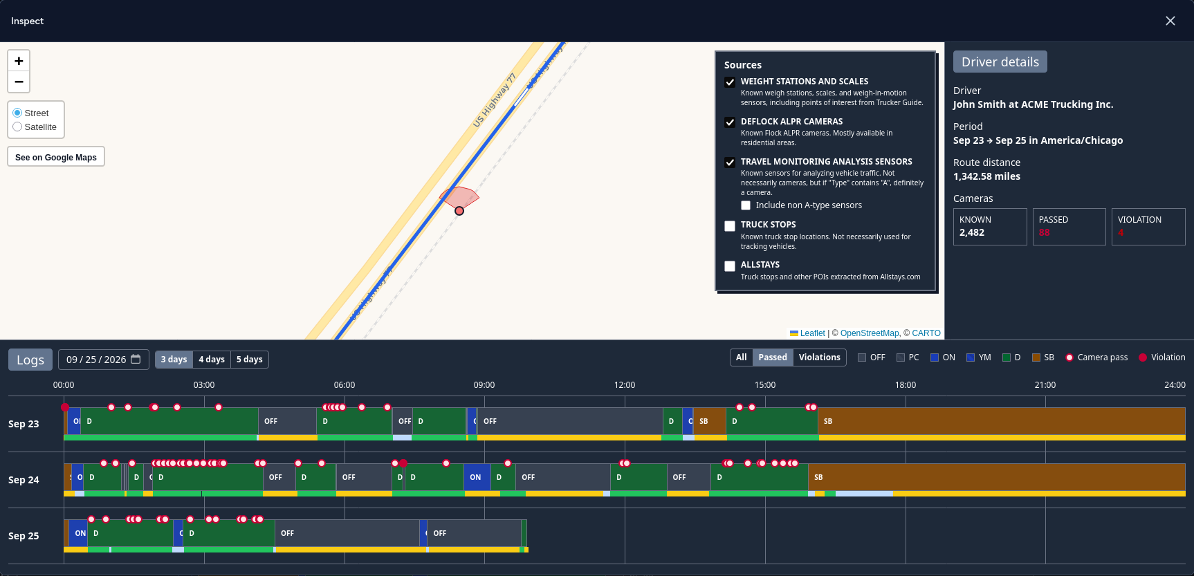 ELD Engine ALPR Inspector showing a truck route, camera sources, and driver logs