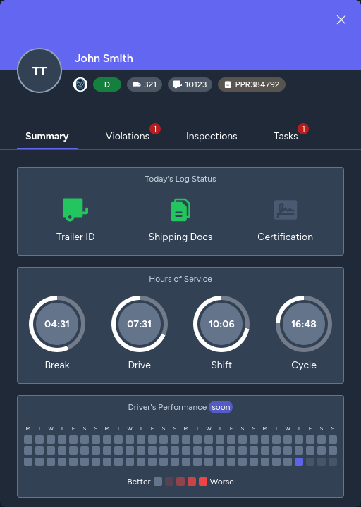 Driver profile summary with log status, hours of service, and driver performance information