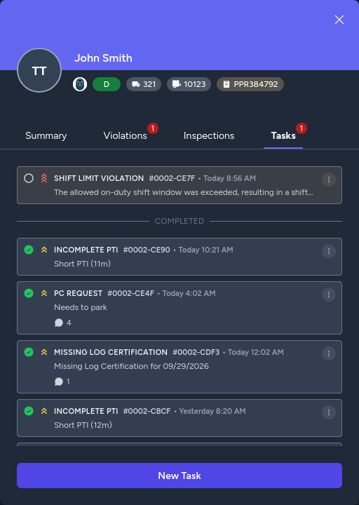 Driver profile Tasks tab with open and completed compliance tasks, status indicators, descriptions, and comment counts