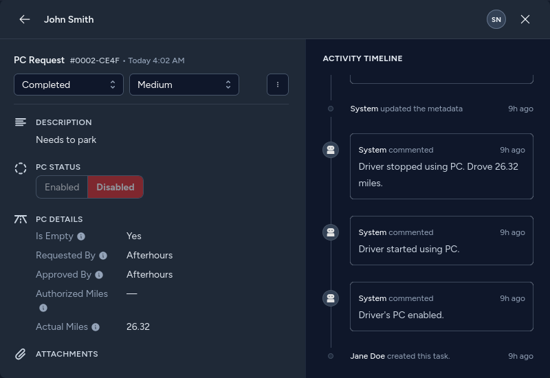 ELD Engine PC Request task details, including status, PC metadata, attachments, and system activity timeline