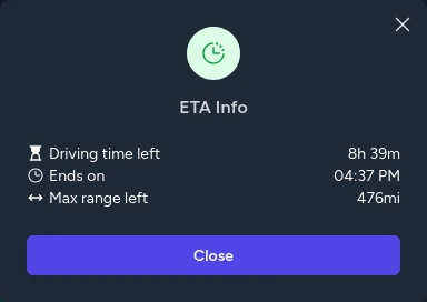 Product ETA information: 8 hours 39 minutes of driving left, ending at 4:37 PM, with estimated maximum range of 476 miles.
