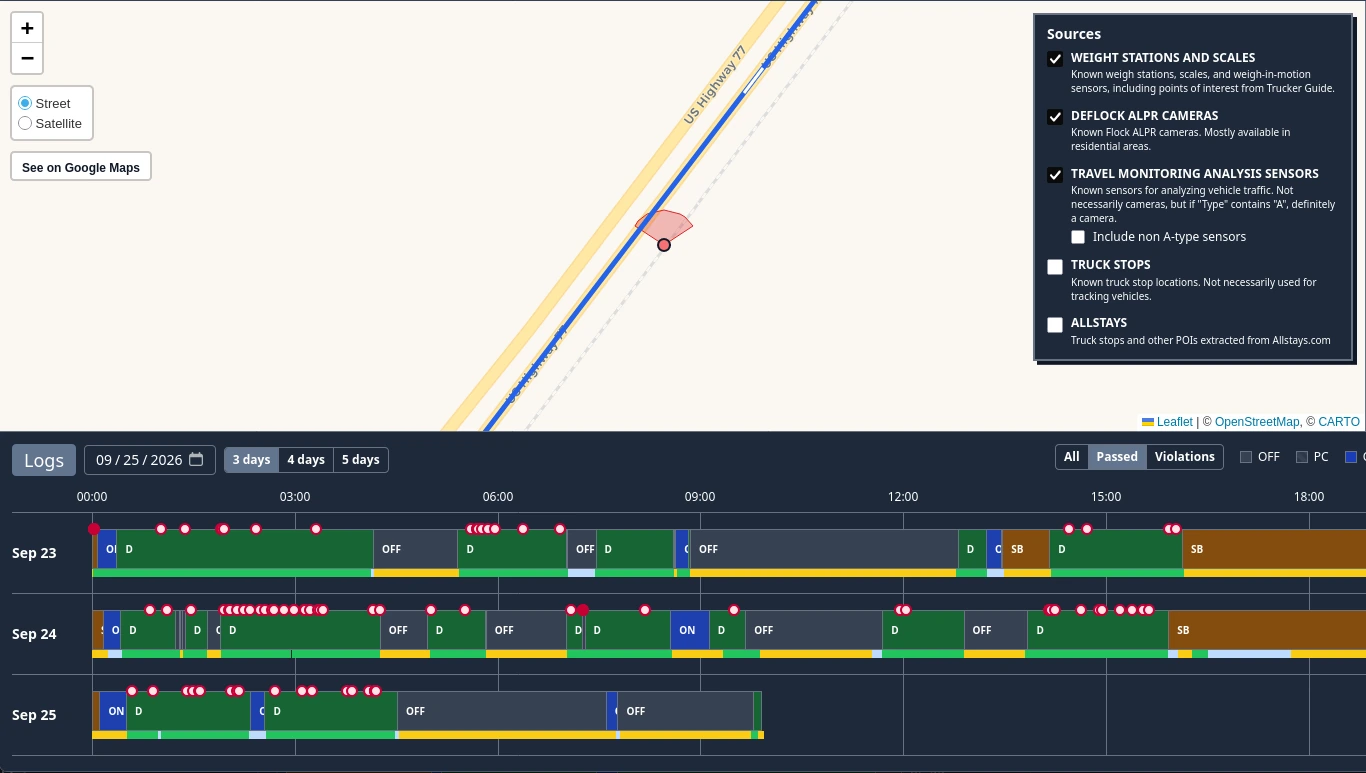 ELD Engine movement inspector showing a route near an ALPR camera and detected passing markers aligned with several days of recorded duty statuses.