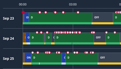 Focused morning log timeline with camera-passing markers aligned against driving and off-duty segments.