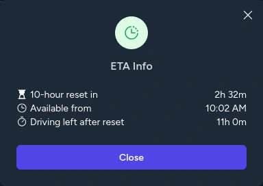 Product ETA information: reset completes in 2 hours 32 minutes, available from 10:02 AM, with 11 hours of driving after reset.