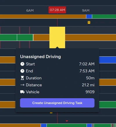Unassigned driving event on vehicle 9109 from 7:02 AM to 7:53 AM, with a displayed duration of 50 minutes and distance of 21.2 miles.