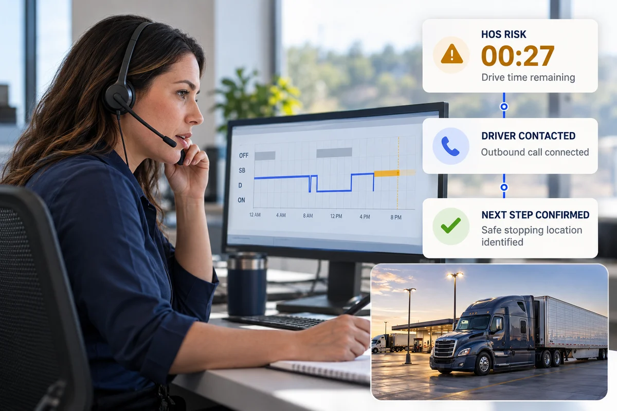 Illustrative compliance specialist reviewing an HOS timeline: 27 minutes of drive time remain, the driver is contacted, and a safe stopping location is identified.